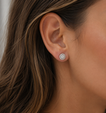 Load image into Gallery viewer, White gold lab-grown diamond stud earring with detachable diamond halo jacket, worn on ear