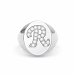 Load image into Gallery viewer, Top view of lab-grown diamond initial signet ring with letter R in white gold