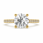 Load image into Gallery viewer, Round lab-grown diamond solitaire ring with side stones in yellow gold front view