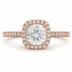 Load image into Gallery viewer, Cushion halo natural diamond ring in rose gold, front view on a white background.