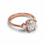 Load image into Gallery viewer, Three Stone Oval Natural Diamond Ring with Round Side Stones in Rose Gold Front View