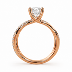 Load image into Gallery viewer, X-shank round natural diamond engagement ring in rose gold with a pavé split band, side profile on white background.