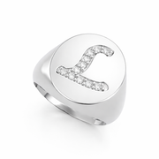 White gold signet ring with natural round-cut diamonds forming the letter L, front-facing top view render