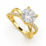 Load image into Gallery viewer, X-shank round natural diamond engagement ring in yellow gold with a pavé split band, front angle view on white background.