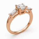 Load image into Gallery viewer, Three Stone Round Lab Grown Diamond Ring with Tapered Side Diamonds in Rose Gold, Angled View