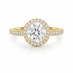Load image into Gallery viewer, Lab grown Round halo side diamonds ring in yellow gold, front view
