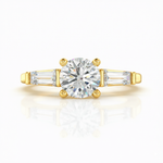 Load image into Gallery viewer, Three stone round lab grown diamond engagement ring with tapered side stones in yellow gold, front view