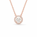 Load image into Gallery viewer, Round halo necklace with a lab-grown round brilliant diamond with a diamond halo, set in rose gold, front view