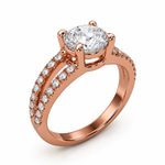 Load image into Gallery viewer, Round cut lab grown diamond split shank ring in rose gold with pavé diamonds, angled side view