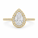 Load image into Gallery viewer, Lab-grown pear halo diamond ring in 14K yellow gold with a pear-shaped center diamond and sparkling halo.