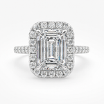 Load image into Gallery viewer, Natural emerald-cut diamond halo ring in white gold, front view, with round diamond halo and pavé side diamonds