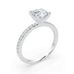 Load image into Gallery viewer, Round lab-grown diamond solitaire ring in white gold side view showing side stones