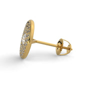 Side view of triple halo natural diamond stud earrings in yellow gold with pavé diamonds and push back post