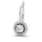 Load image into Gallery viewer, Angled view of hanging double halo natural diamond earring in white gold, upright position, black and white halo diamonds