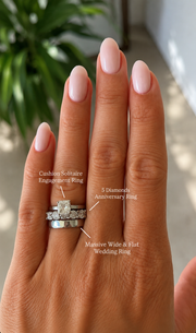 Radiant-cut natural diamond engagement ring with matching white gold wedding bands on a woman’s hand.