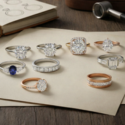 Assorted diamond rings on neutral surface showcasing round, cushion, pear, emerald and oval designs in white gold and rose gold