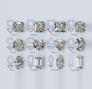 Diamond shapes chart showing round, oval, cushion, emerald, pear, marquise, princess, radiant, asscher, and baguette cuts