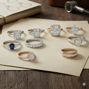 Handcrafted diamond engagement rings in different cuts and gold tones on a jewelry design desk