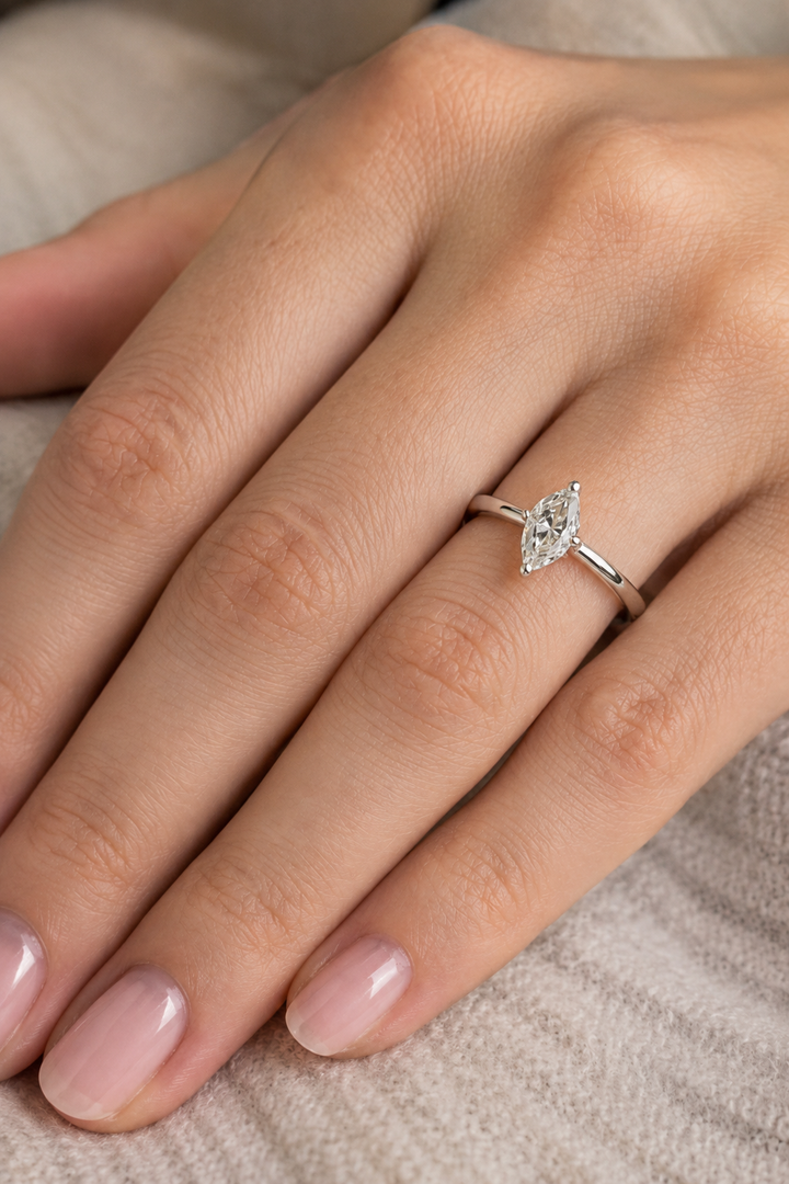 Marquise cut lab-grown diamond solitaire ring in white gold on a woman’s hand