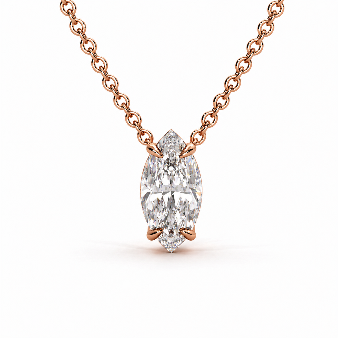 Front view of a marquise lab-grown diamond solitaire pendant necklace in 14K rose gold on a white background.