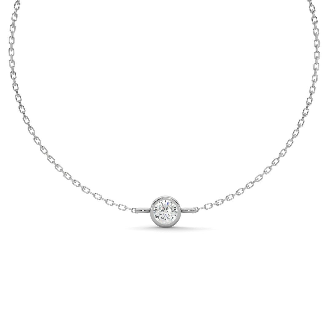     Close-up front view of a round bezel natural diamond bracelet in white gold.