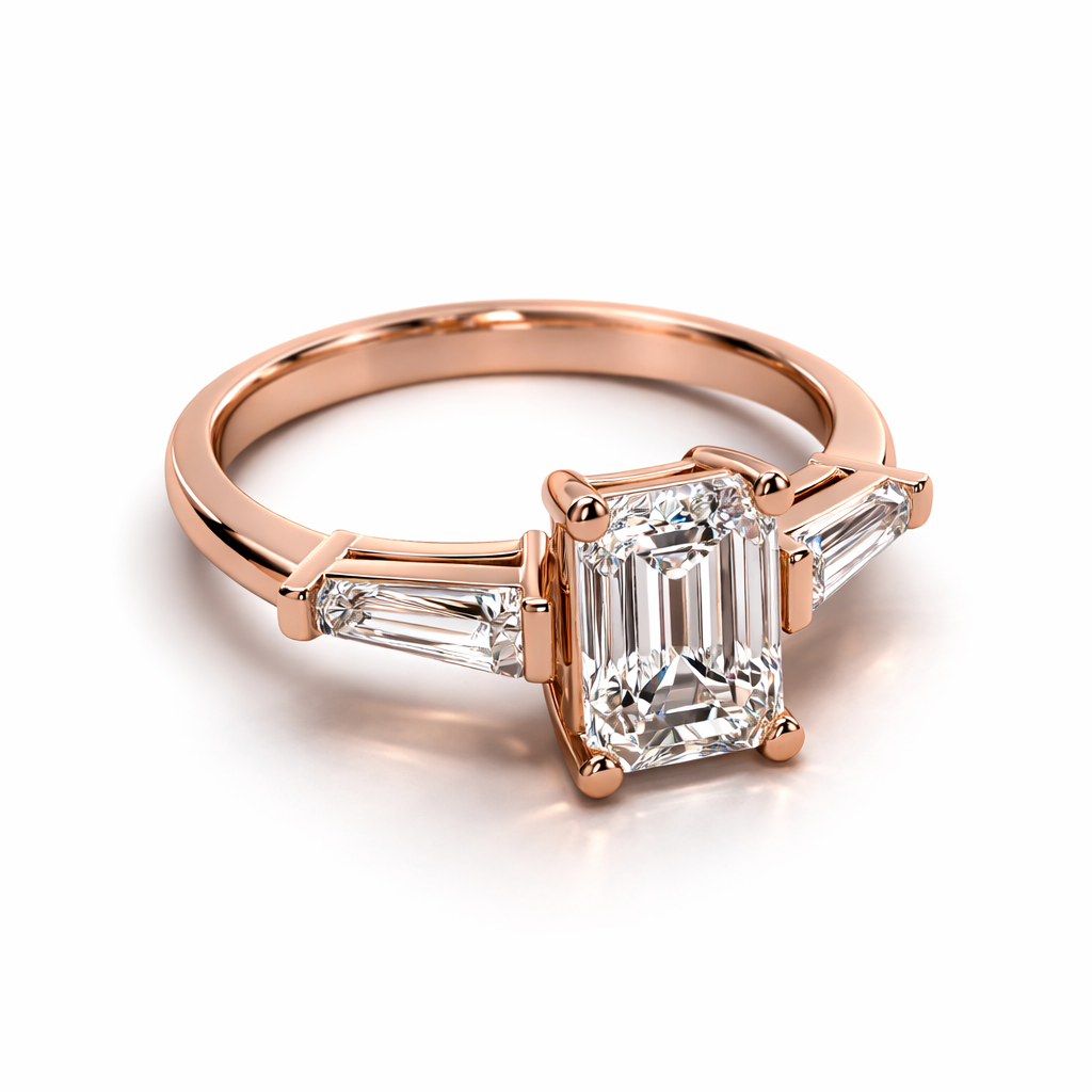 Rose gold emerald cut lab-grown diamond ring shown from an angled front perspective with tapered side stones