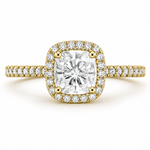 Load image into Gallery viewer,     Cushion halo lab-grown diamond engagement ring in yellow gold, front view with pavé diamonds.