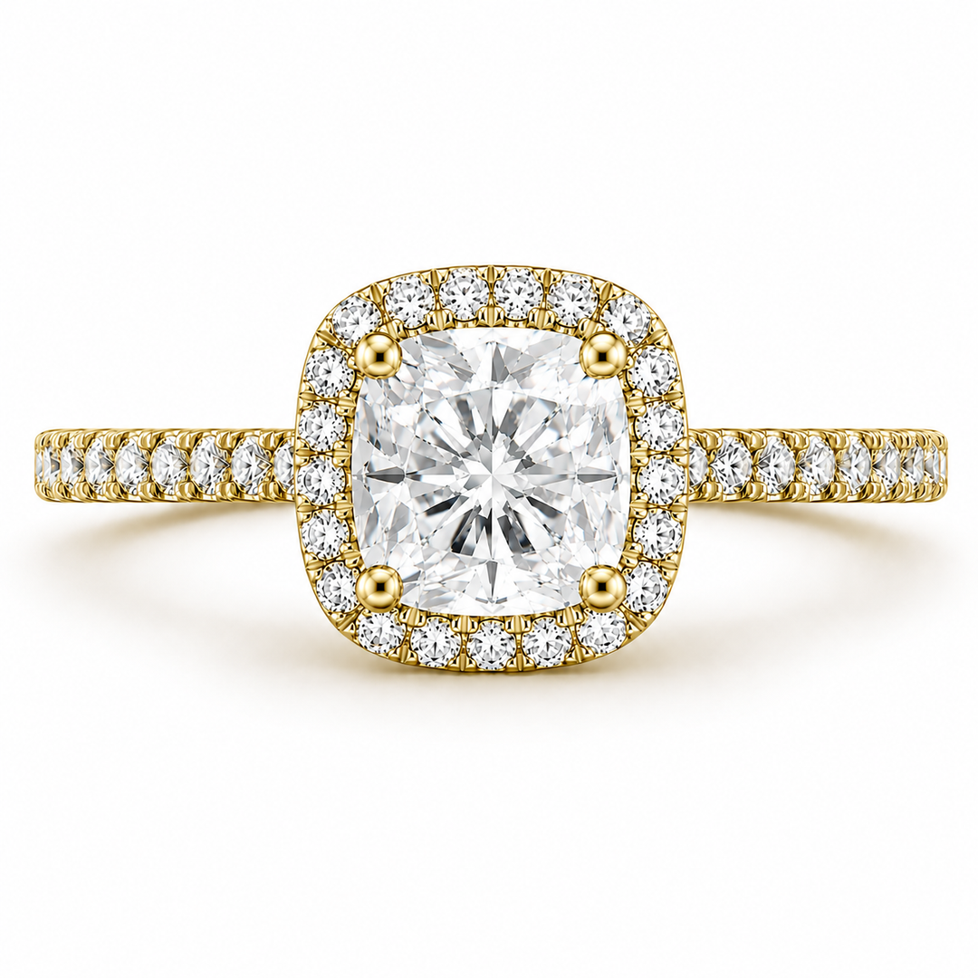     Cushion halo lab-grown diamond engagement ring in yellow gold, front view with pavé diamonds.