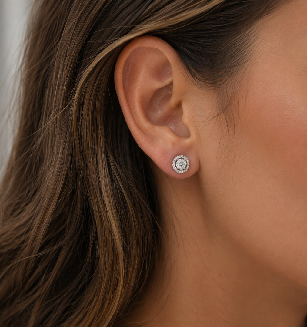 White gold lab-grown diamond stud earring with detachable diamond halo jacket, worn on ear