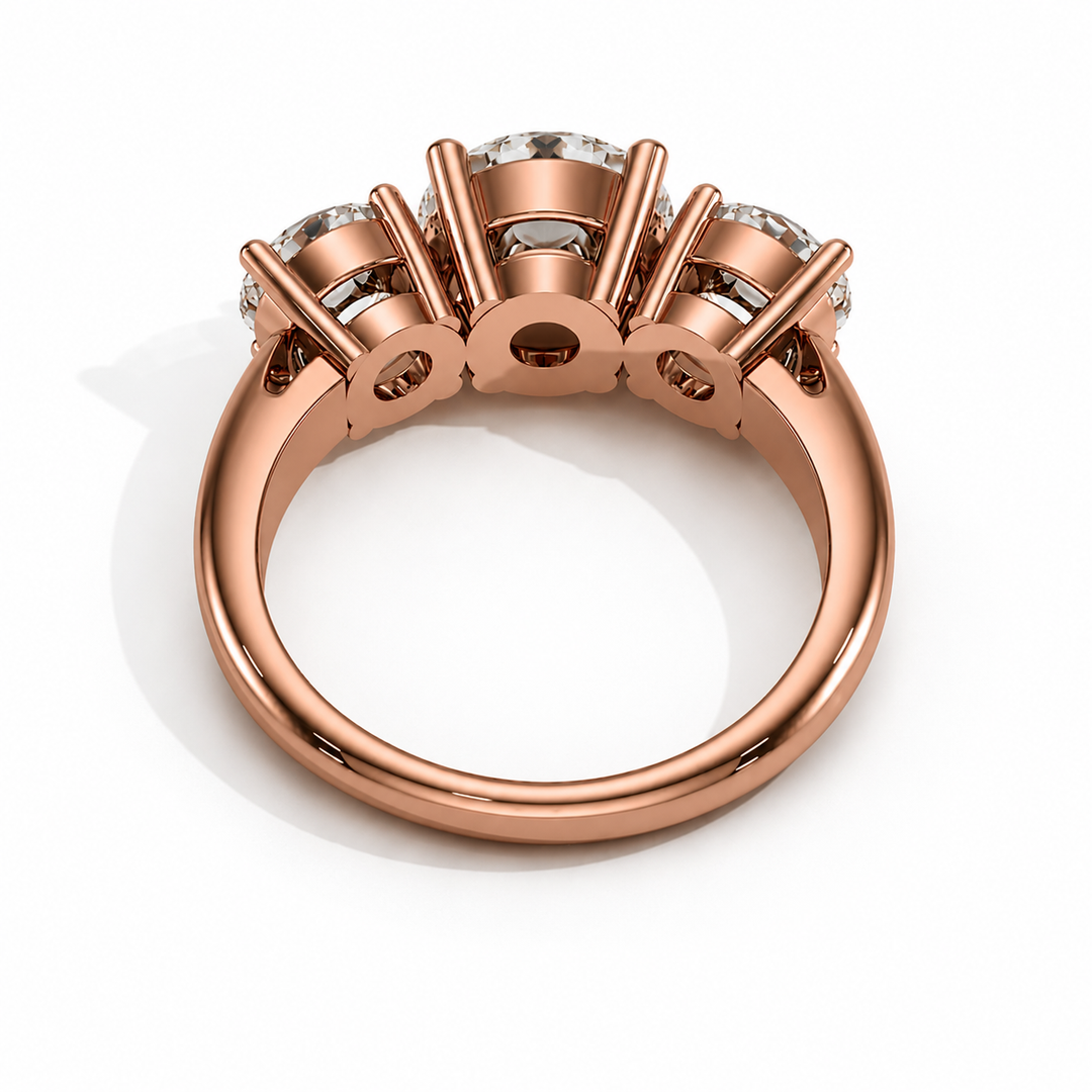 Three-stone round lab-grown diamond ring in rose gold, back view
