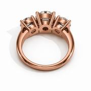 Three-stone round lab-grown diamond ring in rose gold, back view