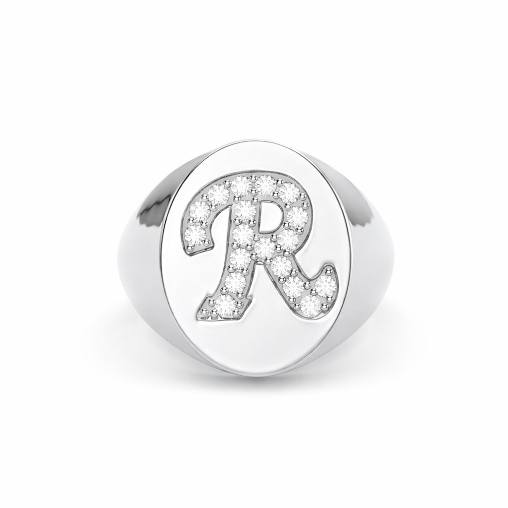 Top view of lab-grown diamond initial signet ring with letter R in white gold