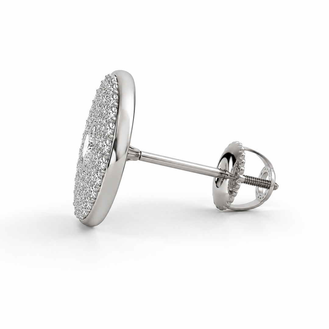 Side view triple halo lab-grown diamond stud earring showing depth and setting profile in  white gold