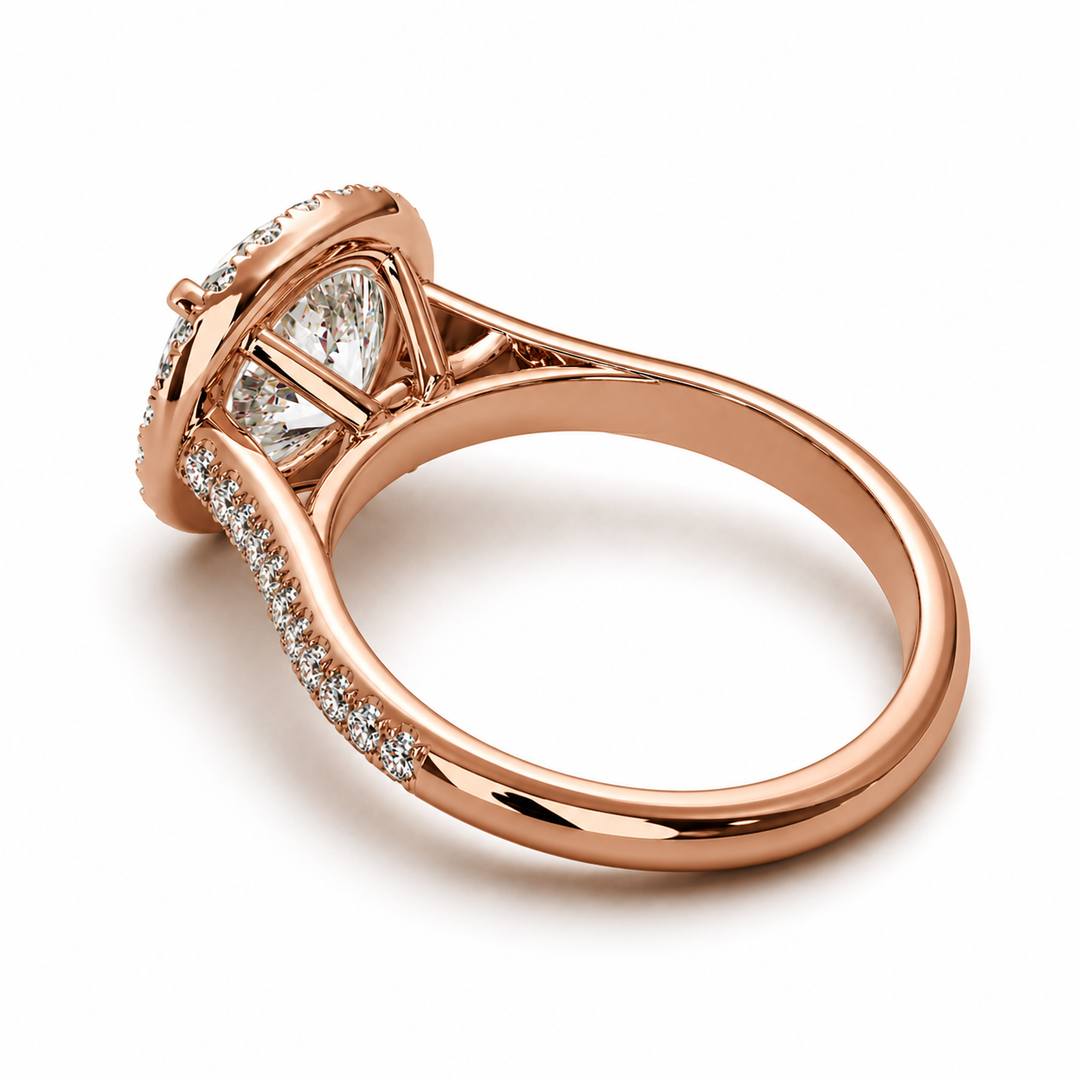 Back view of a lab-grown round diamond halo ring in rose gold, showing the gallery and band structure