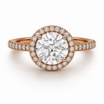 Load image into Gallery viewer, Rose gold round halo diamond ring with side stones, front view showcasing the center diamond and halo setting