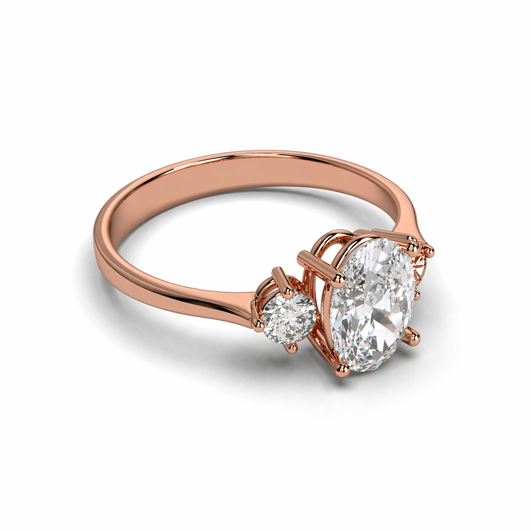     Three Stone Oval Natural Diamond Ring with Round Side Stones in Rose Gold Front View