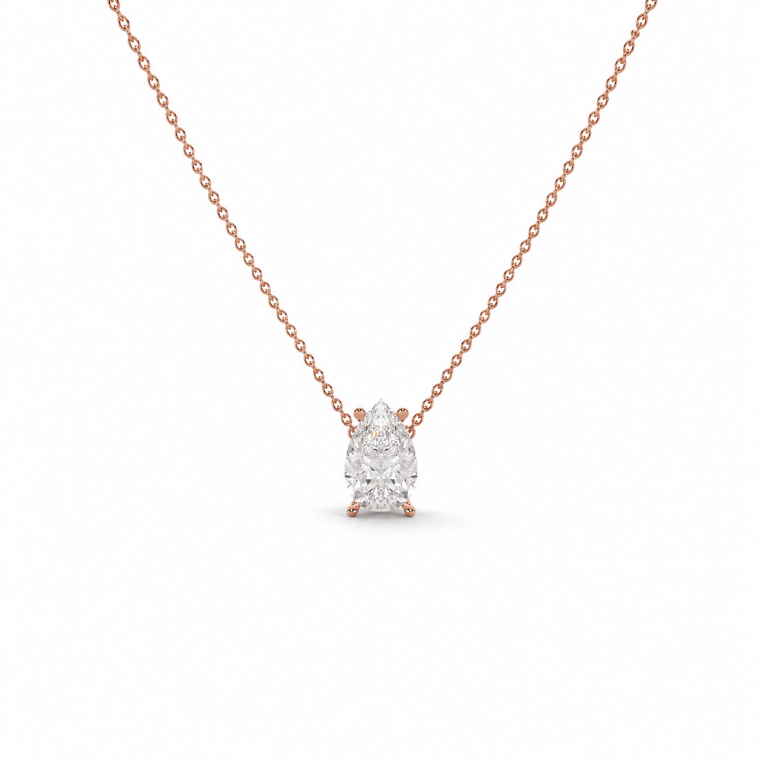 Rose gold natural pear-cut diamond pendant necklace, front view on a white background