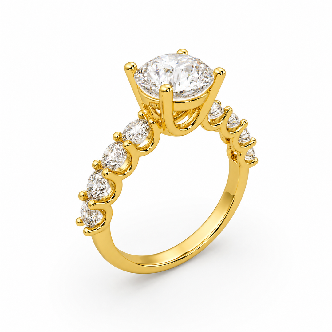 Ericiera round natural diamond ring in 18K yellow gold with a round brilliant center diamond and diamond accent band, angled front view.