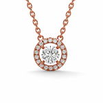 Load image into Gallery viewer, Round halo necklace with a lab-grown round brilliant diamond with  a diamond halo, set in rose gold, front view 