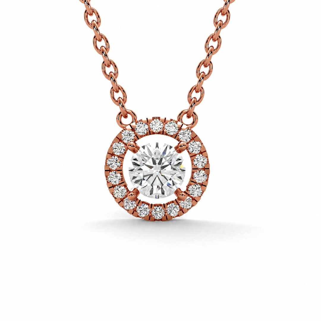 Round halo necklace with a lab-grown round brilliant diamond with  a diamond halo, set in rose gold, front view 