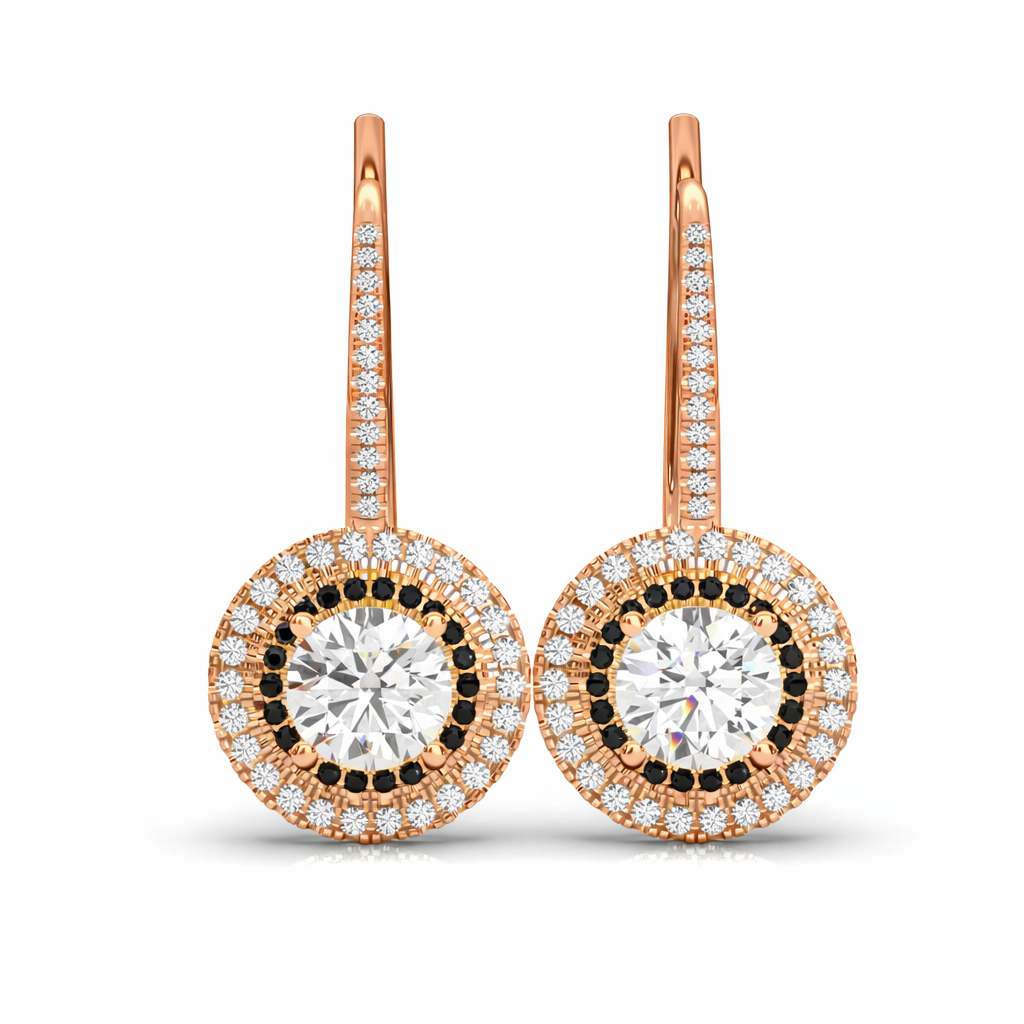     Lab-grown black and white diamond double halo drop earrings in rose gold, featuring round center diamonds and pavé-set hooks on a white background.