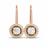     Lab-grown black and white diamond double halo drop earrings in rose gold, featuring round center diamonds and pavé-set hooks on a white background.