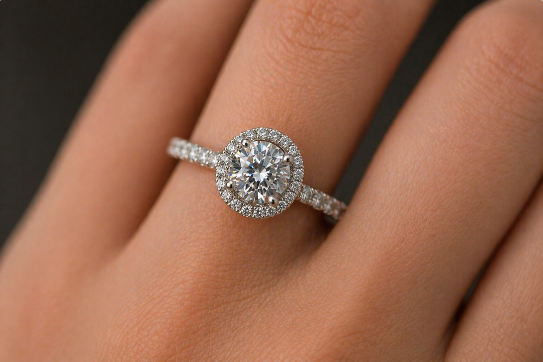 White gold round halo lab-grown diamond ring with side stones worn on a woman’s hand, showcasing the brilliant center diamond, halo setting, and pavé band