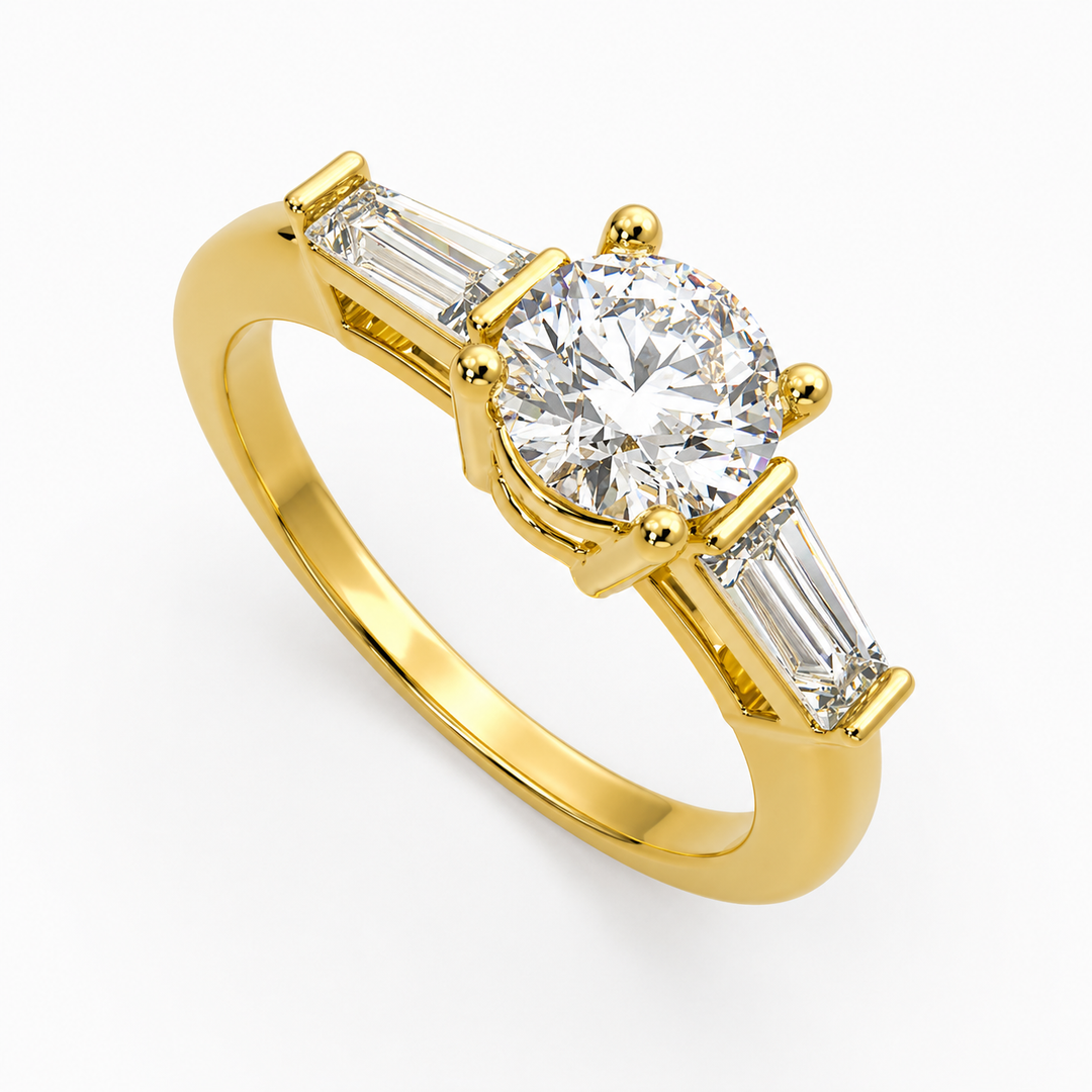     Round Natural Diamond Three-Stone Ring with Tapered Side Diamonds in Yellow Gold, Angled View