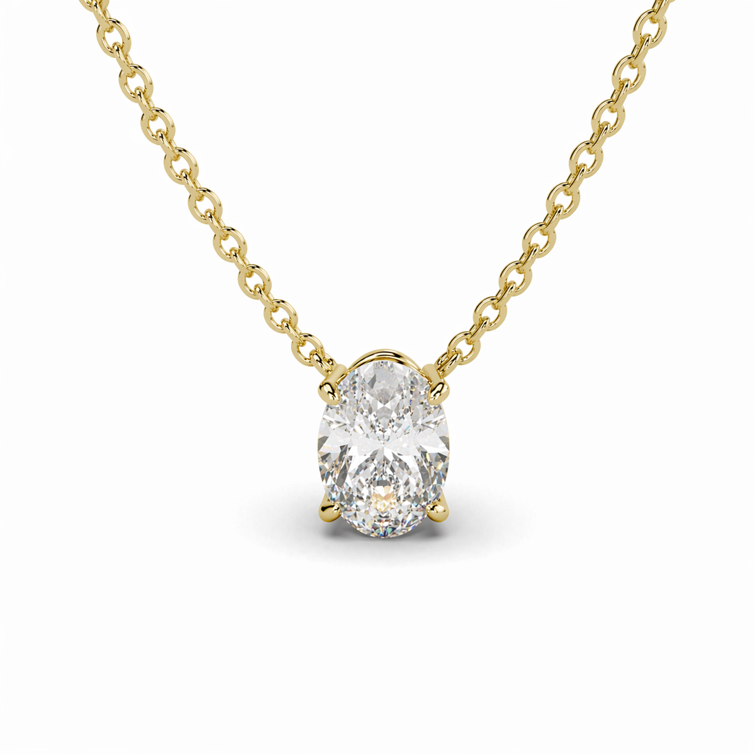     Front view of an oval lab-grown diamond pendant necklace in yellow gold, featuring a prong-set center stone on a fine chain.