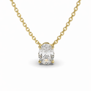     Front view of an oval lab-grown diamond pendant necklace in yellow gold, featuring a prong-set center stone on a fine chain.