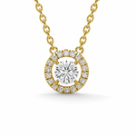 Load image into Gallery viewer, Round halo necklace with a lab-grown round brilliant diamond with  a diamond halo, set in yellow gold, front view 