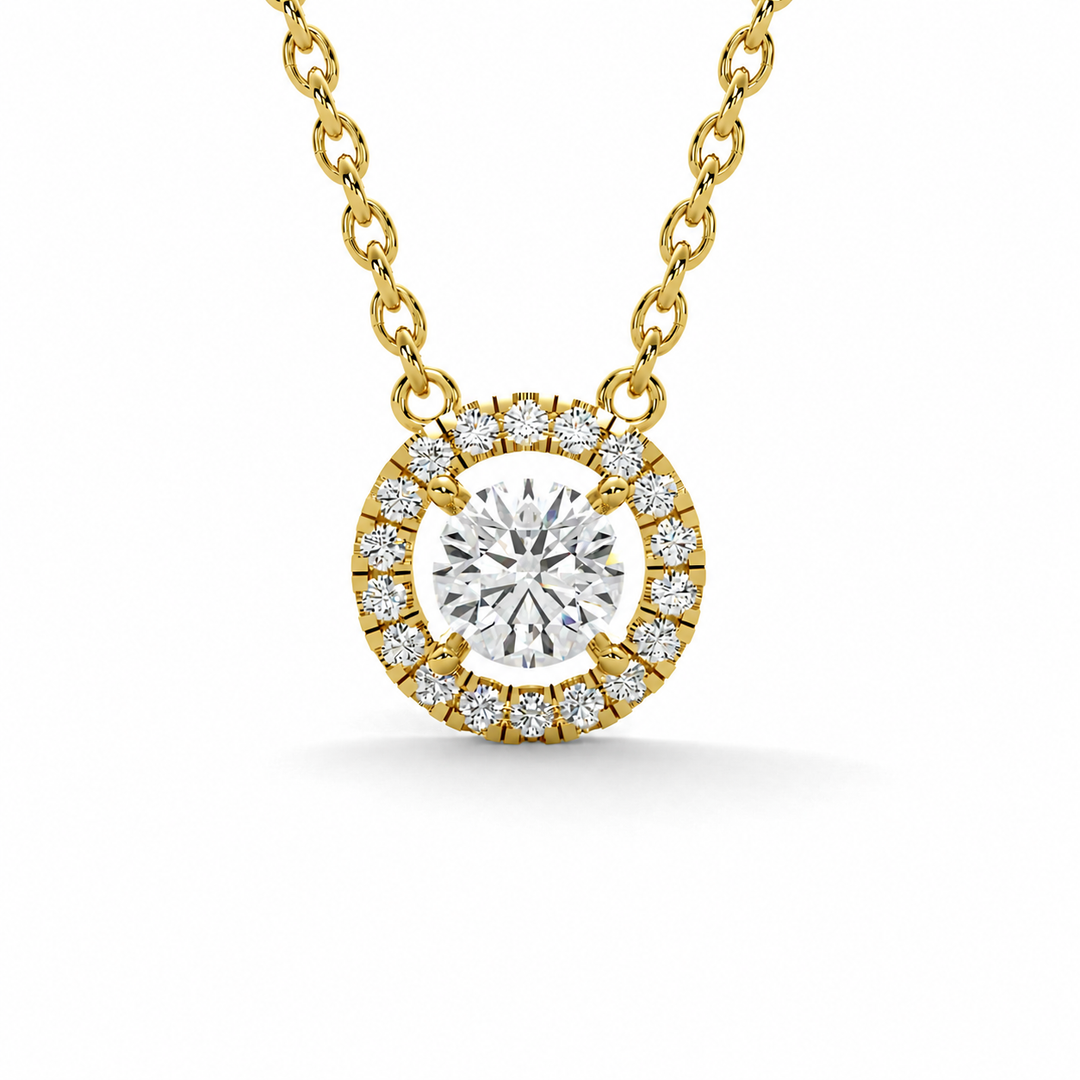 Round halo necklace with a lab-grown round brilliant diamond with  a diamond halo, set in yellow gold, front view 
