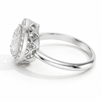 Load image into Gallery viewer, Side view of Pear Halo Biza lab-grown diamond ring highlighting the biza halo setting and polished white gold band