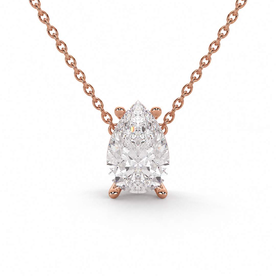 Pear-cut lab-grown diamond pendant necklace in rose gold, shown in a close-up front view on a fine chain